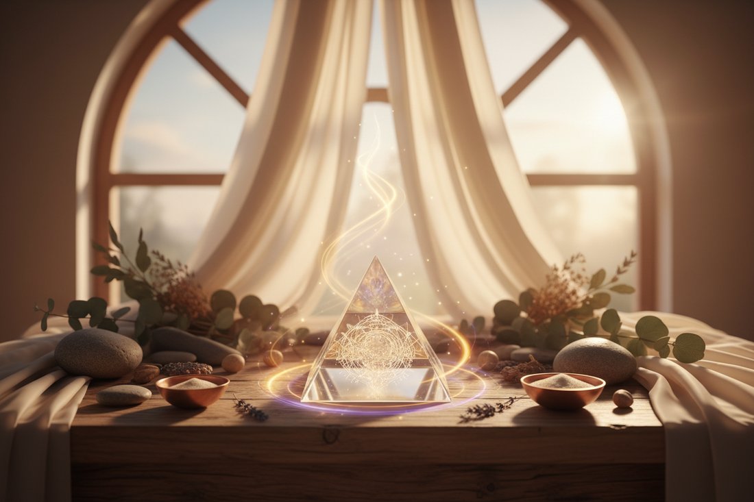 Pyramide énergétique en cristal sur autel sacré - puissance forme pyramidale