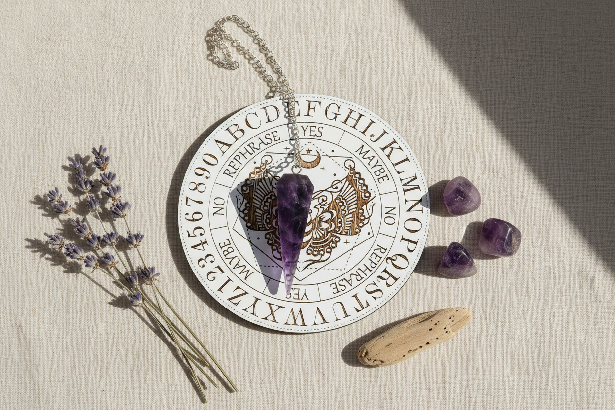 Pendule Améthyste et planche papillon de nuit blanc - Vue de dessus